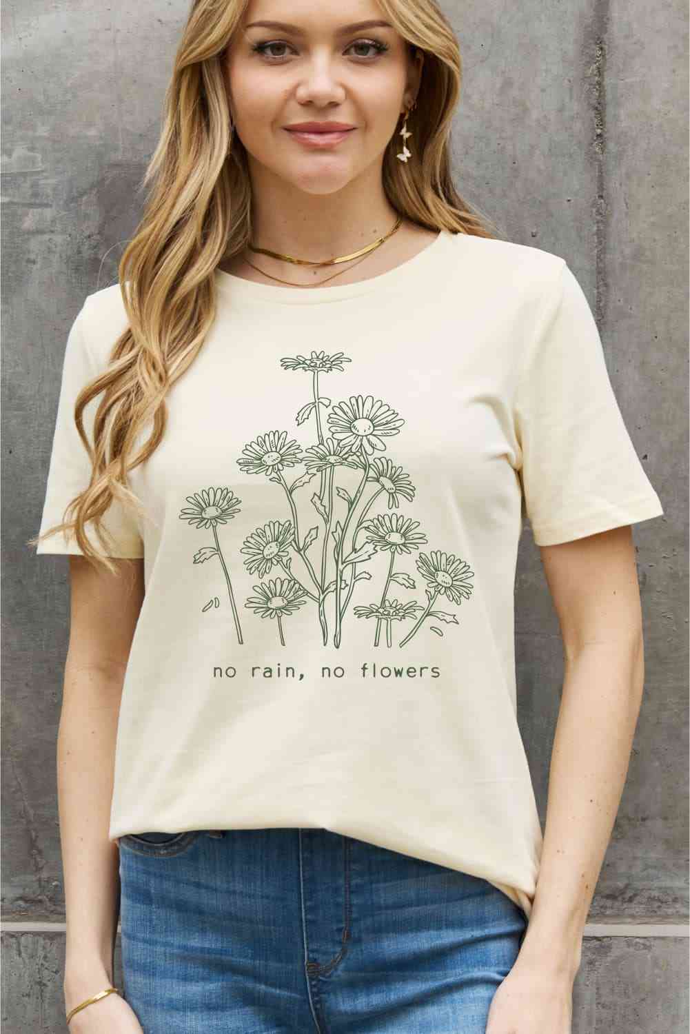 Simply Love フルサイズ NO RAIN NO FLOWERS グラフィック コットン Tシャツ