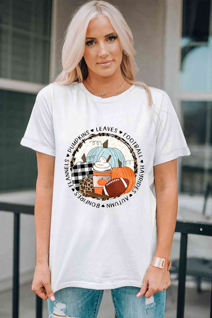 Pumpkin Graphic Round Neck Cuffed T-Shirt