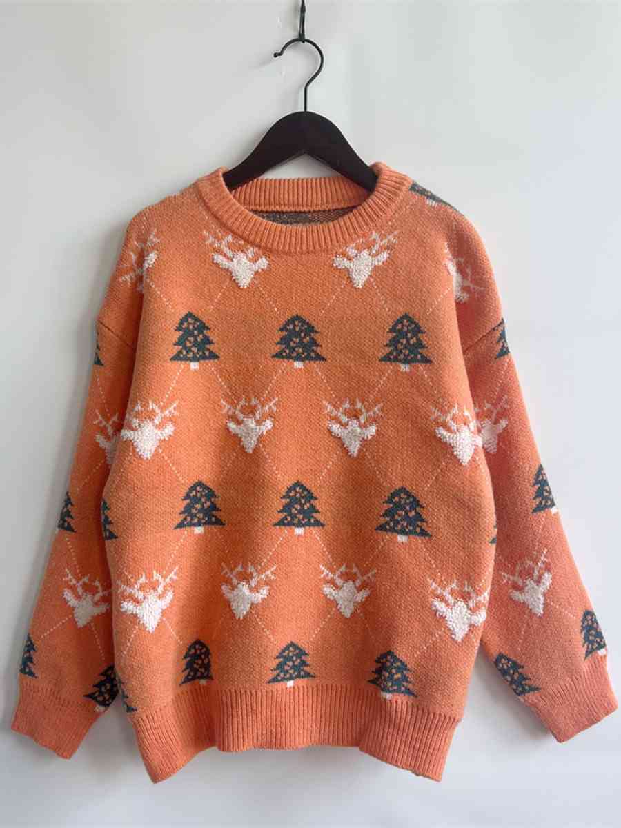 クリスマスツリー&amp;トナカイ ラウンドネックセーター