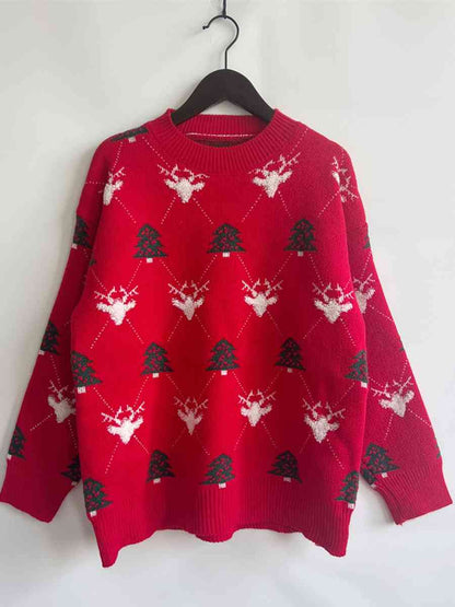 Jersey de cuello redondo con reno y árbol de Navidad