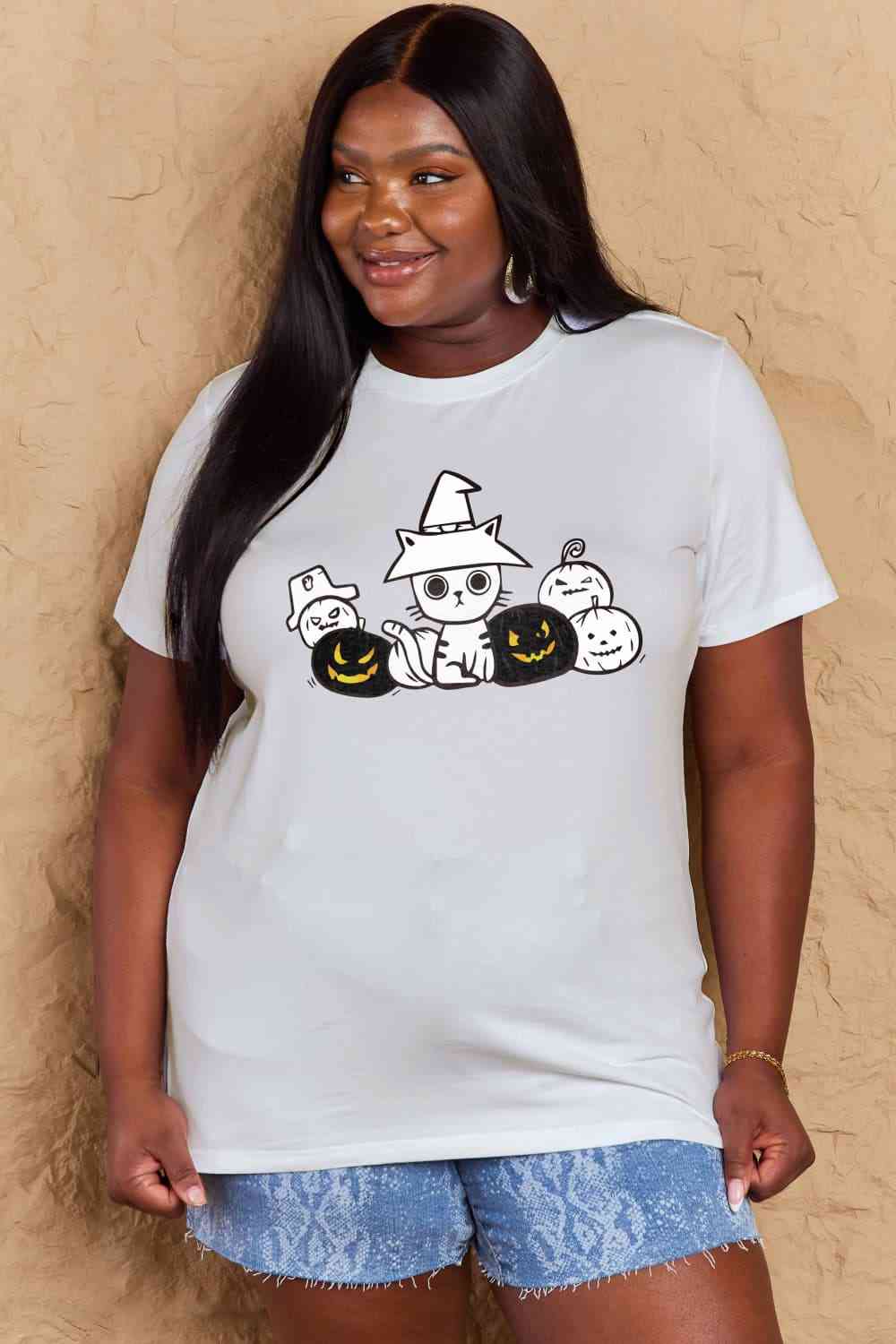 Camiseta de algodón con gráfico de gato y calabaza de tamaño completo de Simply Love