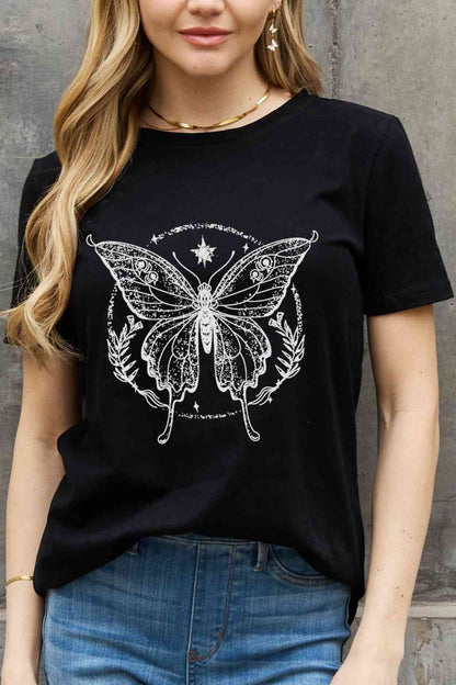 Simply Love Camiseta de algodón con estampado de mariposas de tamaño completo de Simply Love