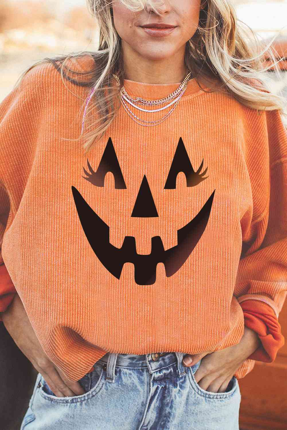 Sudadera con estampado de Jack-O'-Lantern y hombros caídos, cuello redondo