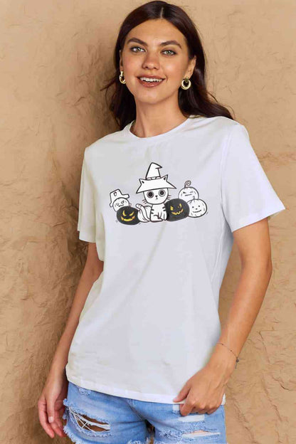 Camiseta de algodón con gráfico de gato y calabaza de tamaño completo de Simply Love