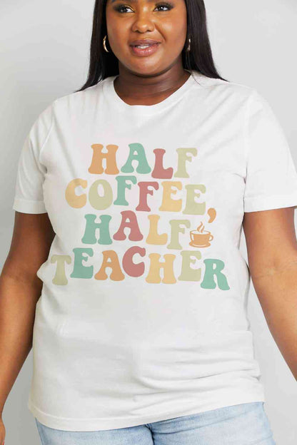Simply Love フルサイズ HALF COFFEE HALF TEACHER グラフィック コットン T シャツ