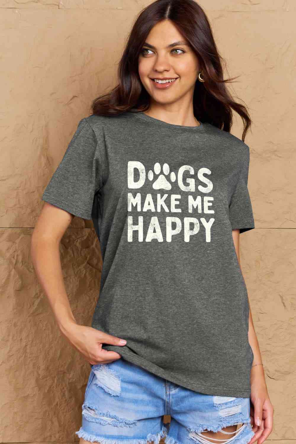 Simply Love フルサイズ DOGS MAKE ME HAPPY グラフィック コットン T シャツ
