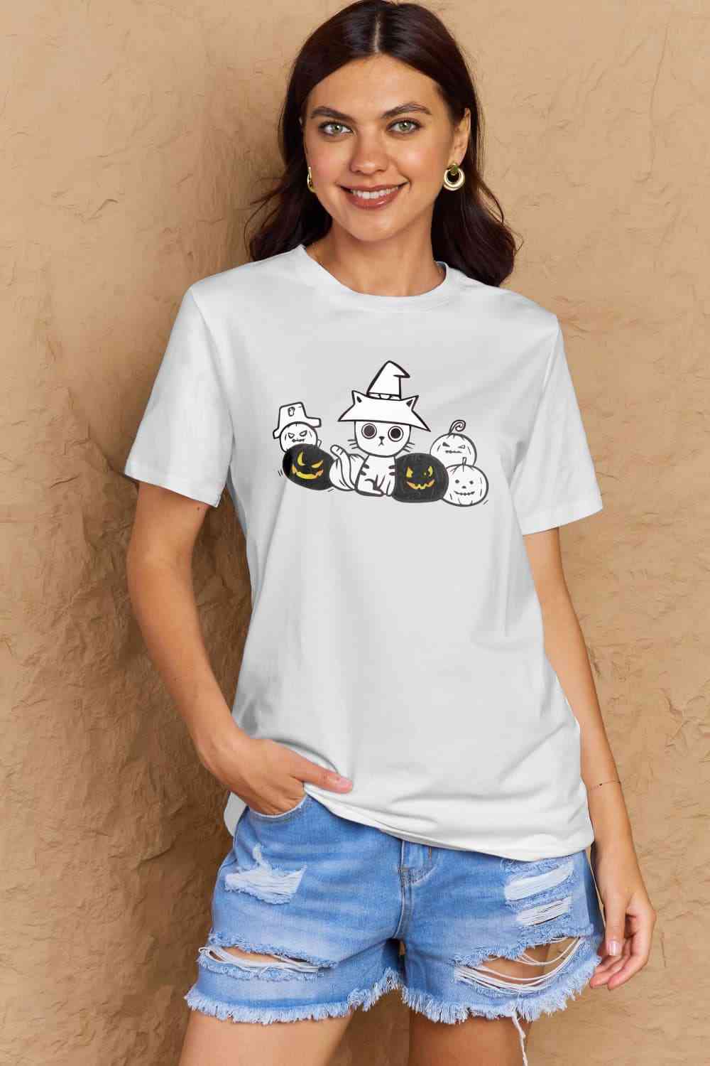 Camiseta de algodón con gráfico de gato y calabaza de tamaño completo de Simply Love