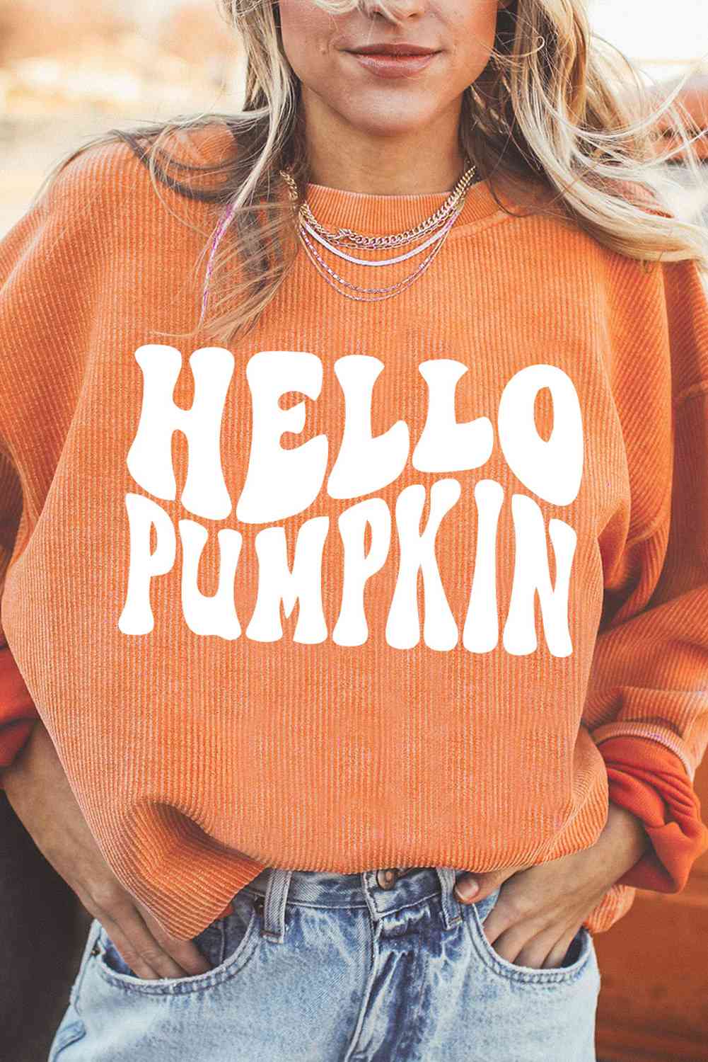 ラウンドネック ドロップショルダー HELLO PUMPKIN グラフィック スウェットシャツ