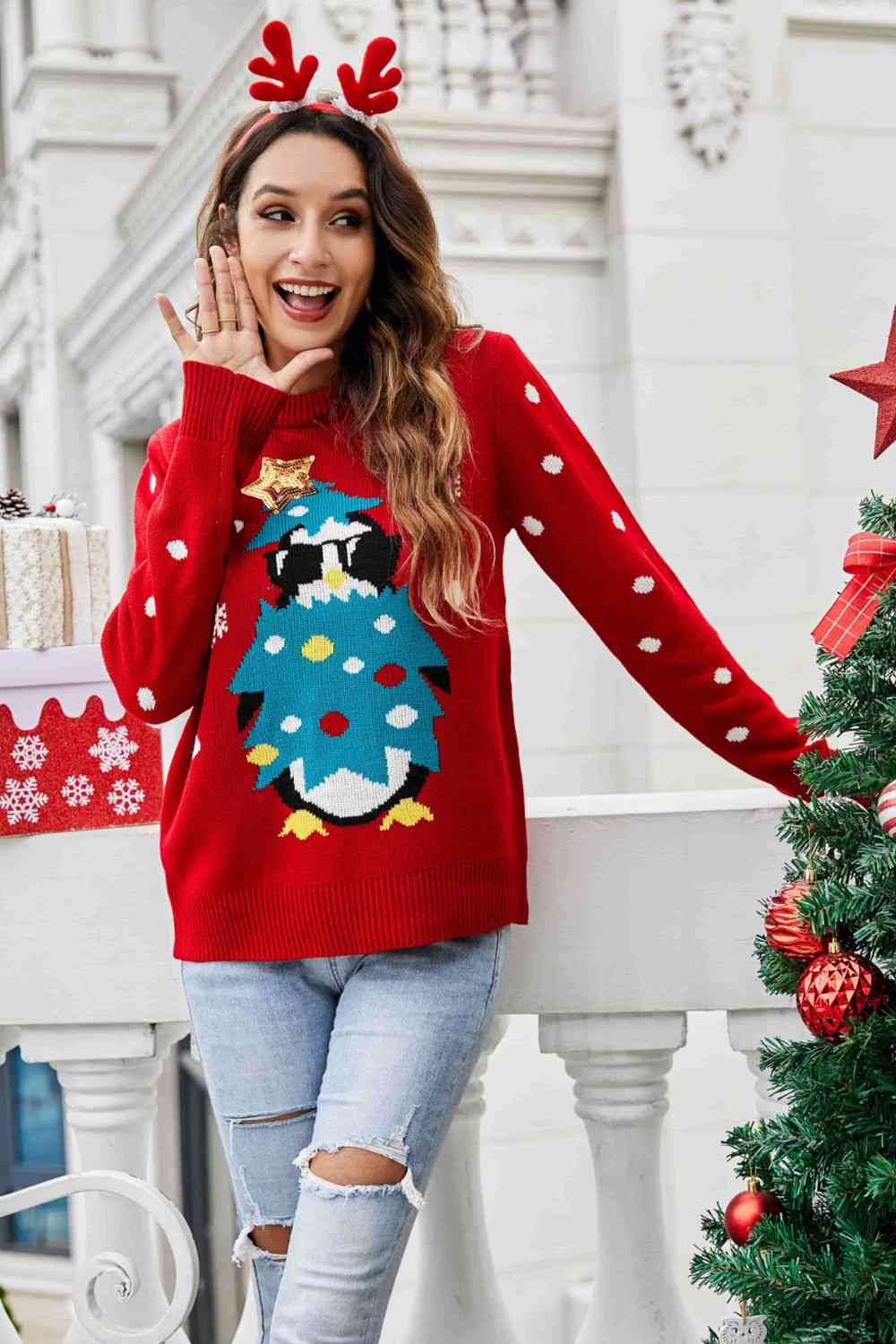 クリスマス ペンギン グラフィック スパンコール セーター