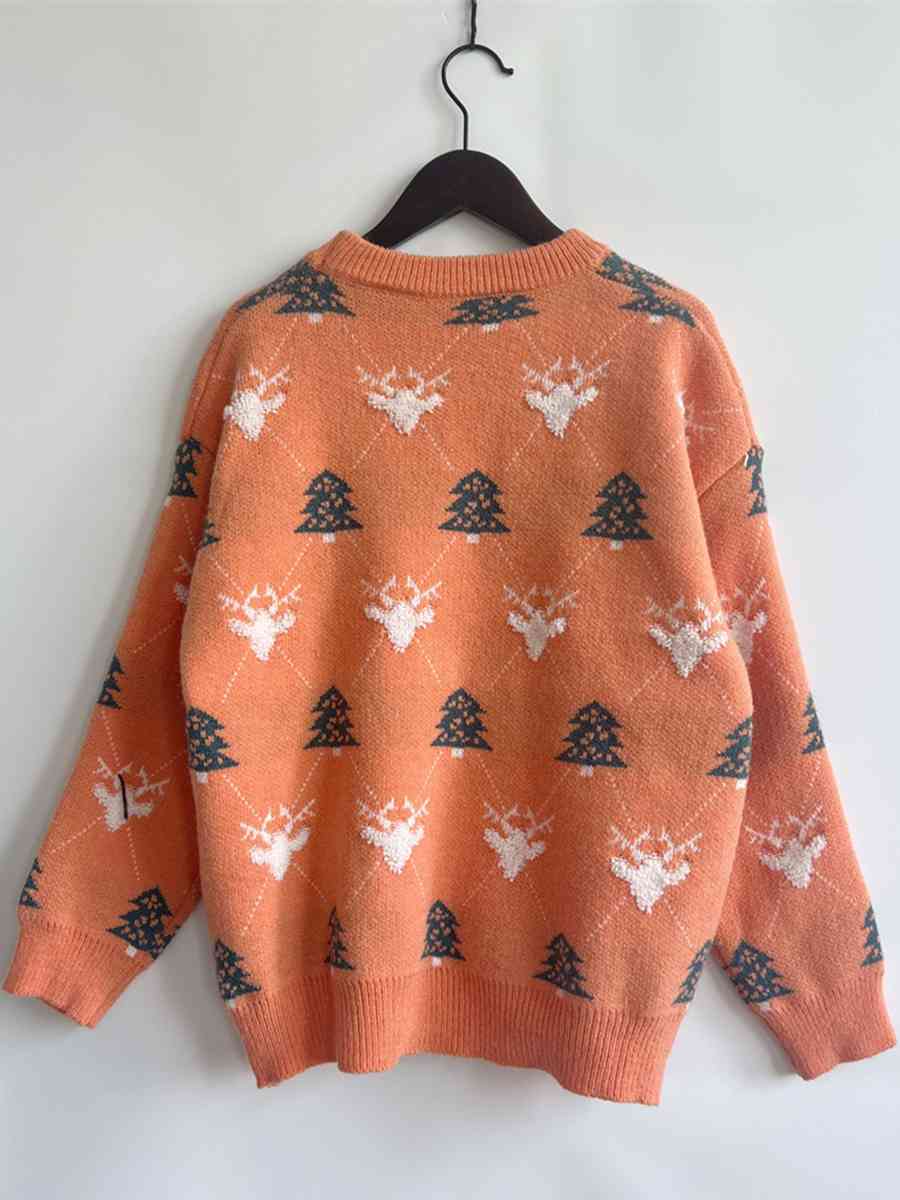 Jersey de cuello redondo con reno y árbol de Navidad