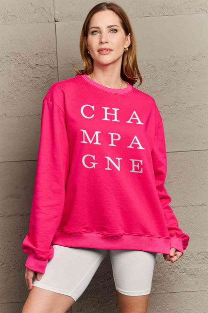 Sudadera de manga larga con estampado CHAMPAGNE de tamaño completo de Simply Love