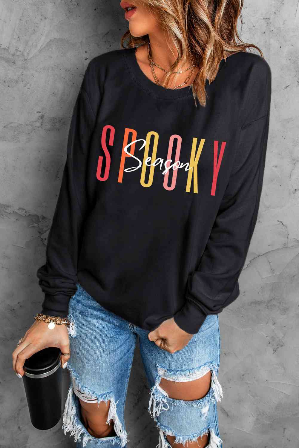 Sudadera con gráfico SPOOKY SEASON de manga larga y cuello redondo