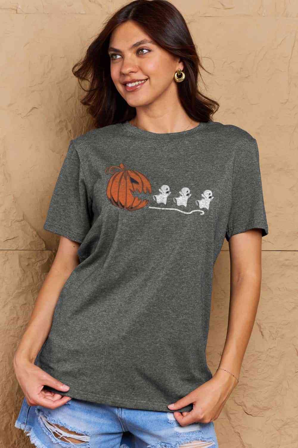 Camiseta de algodón con gráfico Jack-O'-Lantern de tamaño completo de Simply Love