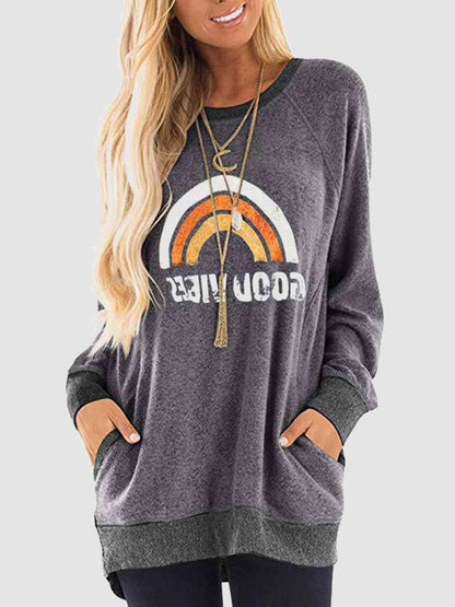 Rainbow Graphic Round Neck Sweatshirt with Pockets