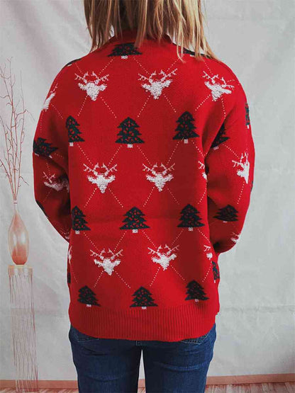 Jersey de cuello redondo con reno y árbol de Navidad