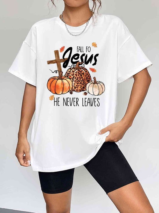 Camiseta gráfica de temporada de otoño de manga corta con cuello redondo
