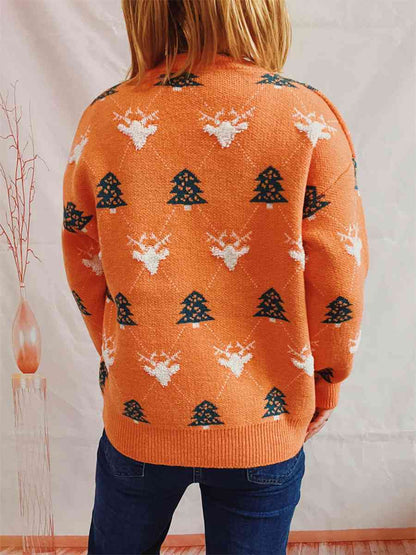 Jersey de cuello redondo con reno y árbol de Navidad