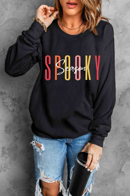 Sudadera con gráfico SPOOKY SEASON de manga larga y cuello redondo