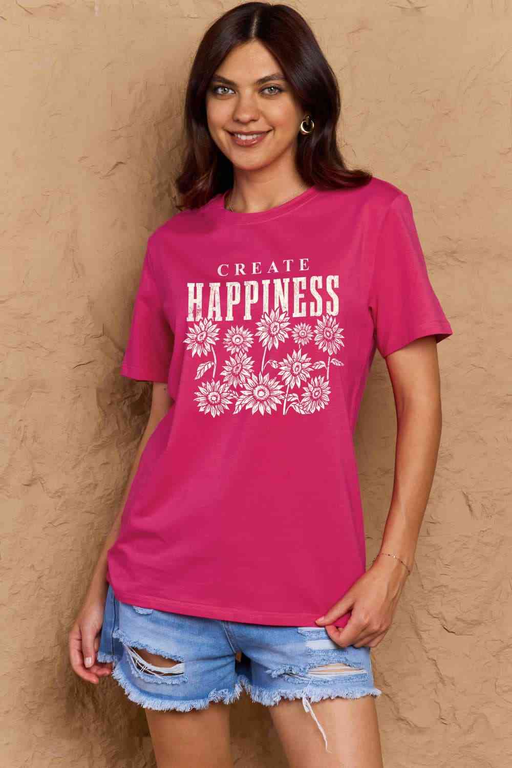 Camiseta de algodón con estampado CREATE HAPPINESS de talla grande de Simply Love