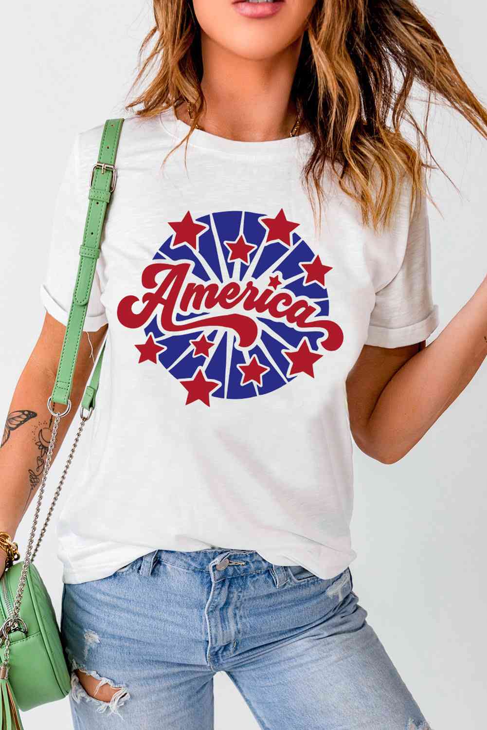 AMERICA スター グラフィック ラウンドネック T シャツ