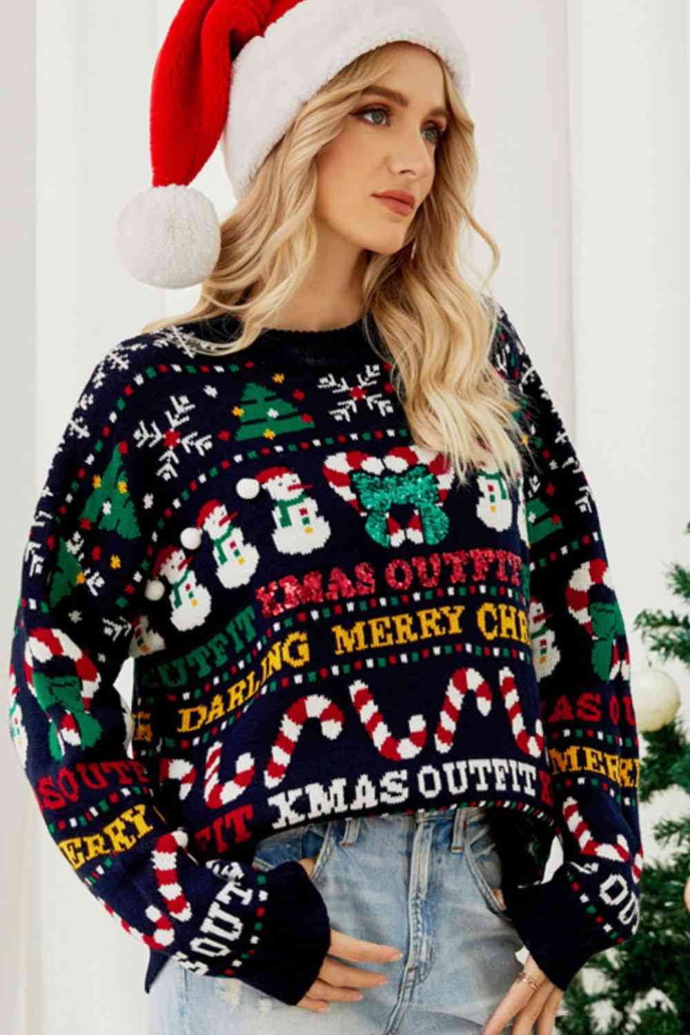 Suéter con hombros caídos y cuello redondo con estampado navideño