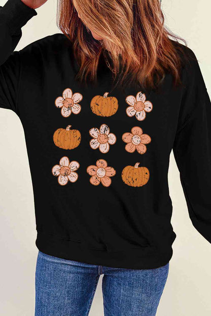 Sudadera con estampado de flores y calabazas de manga larga y cuello redondo de Simply Love