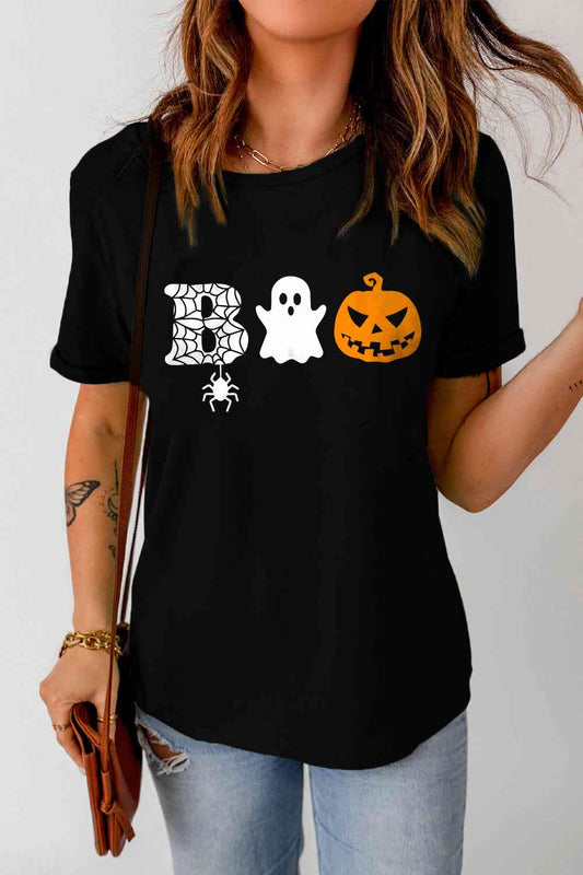 Camiseta con gráfico BOO de manga corta y cuello redondo