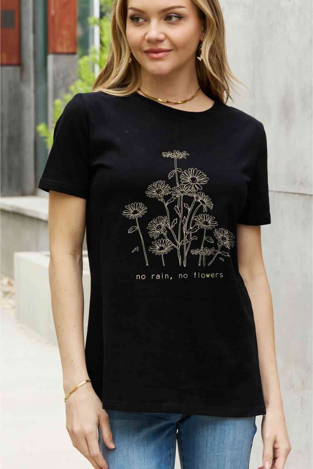 Simply Love フルサイズ NO RAIN NO FLOWERS グラフィック コットン Tシャツ