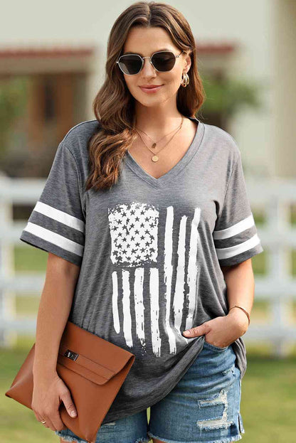 プラスサイズ米国国旗グラフィック V ネック T シャツ