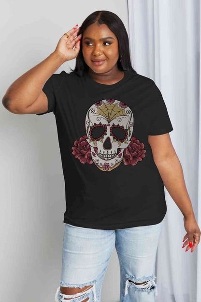 Camiseta de algodón con estampado de calavera de tamaño completo de Simply Love