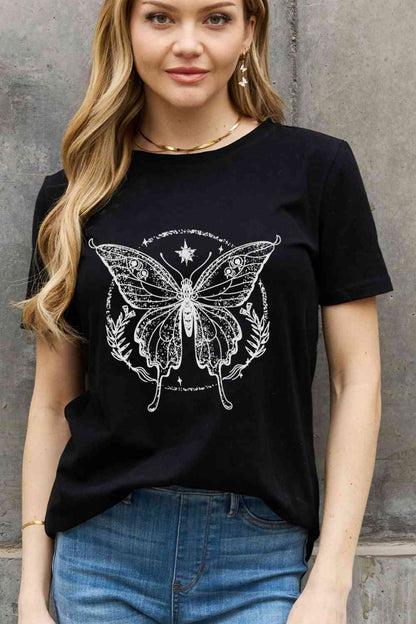Simply Love Camiseta de algodón con estampado de mariposas de tamaño completo de Simply Love
